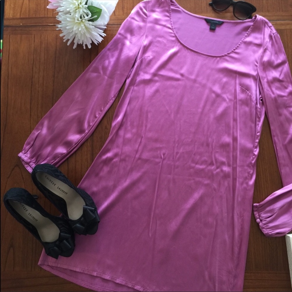 Express silk shift tunic dress puff sleeves purple Barbie pink